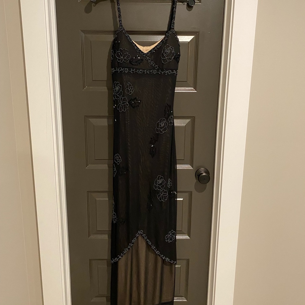 Cache Formal dress: tan underlay with black mesh sheer beaded overlay.